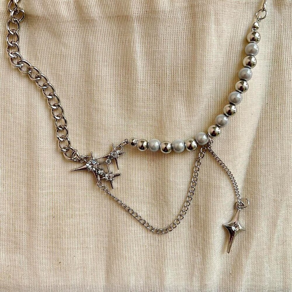 y2k crystal orb pearl star pendant necklace